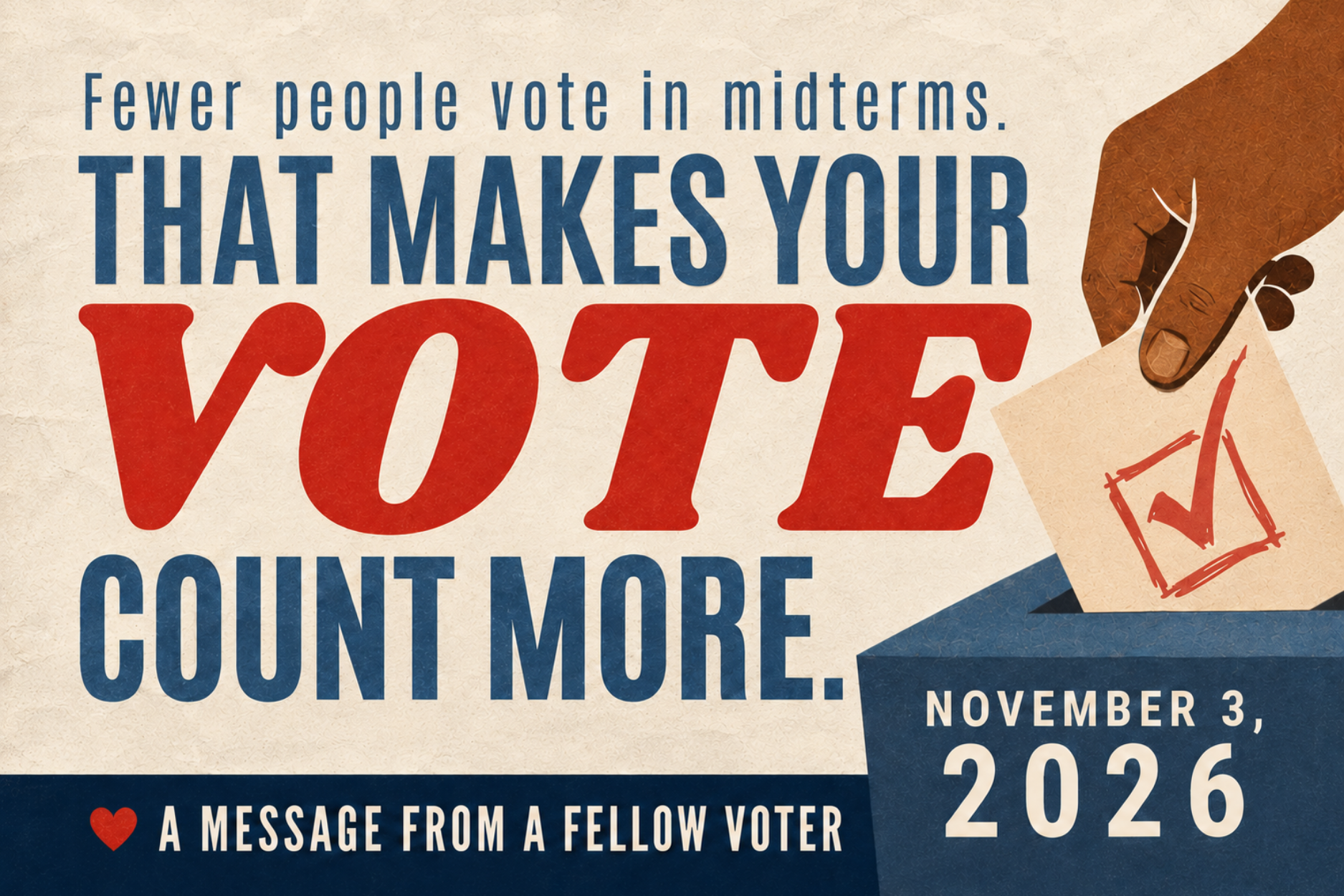 Postcard front: Fewer people vote in midterms. That makes your vote count more. November 3, 2026. A message from a fellow voter.